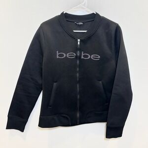 Bebe Sport Womens Black Rhinestone Logo Scuba Zip Up Bomber Jacket Large